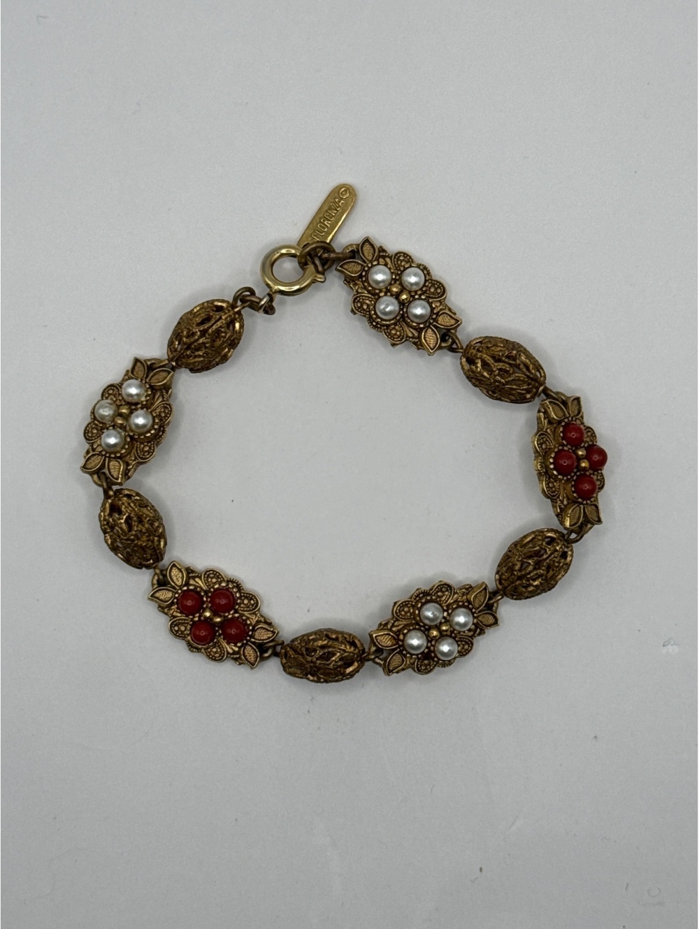 Vintage Florenza Bracelet Red Cabochon Faux Pearl Gold Tone Filigree Signed
